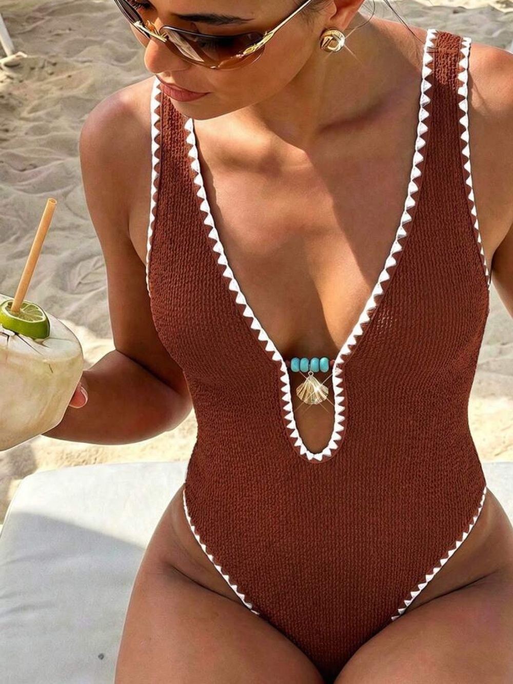 Coffee Brown Crochet-Trim One-Piece Swimsuit